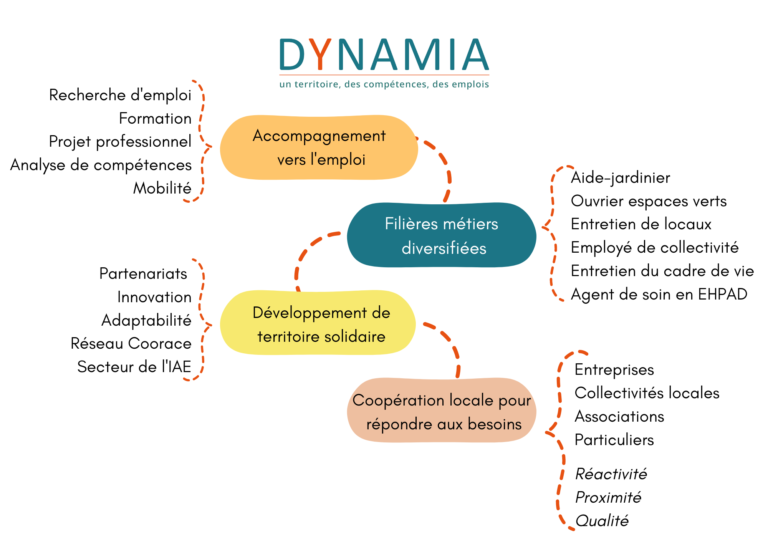 Schéma du fonctionnement interne de l'association Dynamia, l'accompagnement vers l'emploi, les métiers proposés, le développement d'un territoire solidaire et la coopération locale pour répondre aux besoins