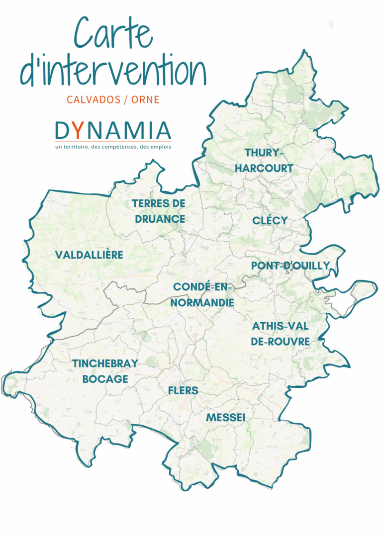 Carte d'intervention des équipes de Dynamia, sur le Calvados et l'Orne. Nom des communes concernées